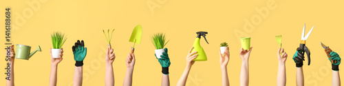Obraz na płótnie Female hands with gardening tools and plants on yellow background w salonie