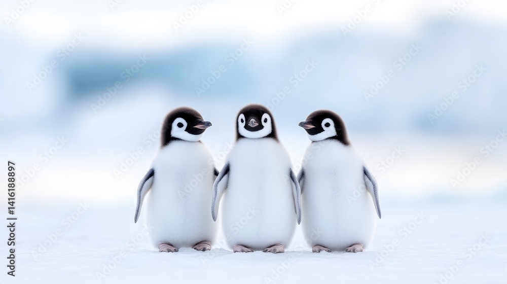 Fototapeta premium Three adorable baby penguins stand side-by-side on a snowy landscape