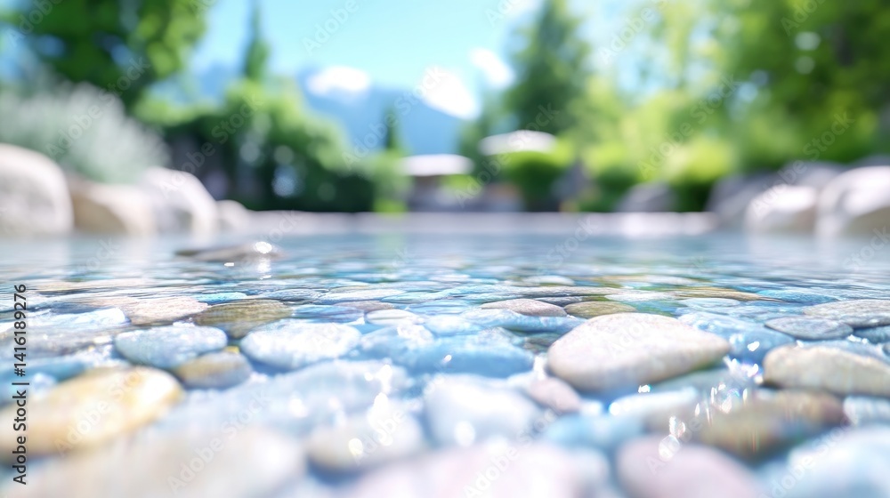 Fototapeta premium Tranquil water reflecting a serene garden setting