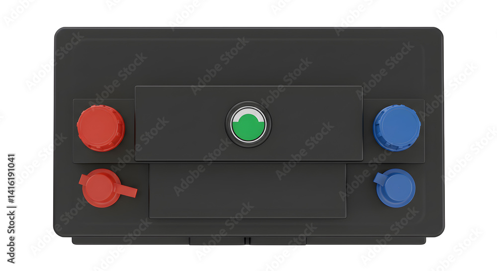 Fototapeta premium Top View of Black Car Battery with Red Blue and Green Terminals on White Background