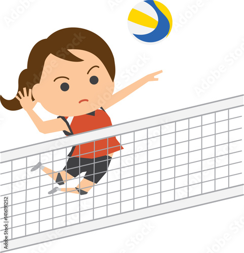 バレーボールでスパイクを打つ女子選手のイメージイラスト