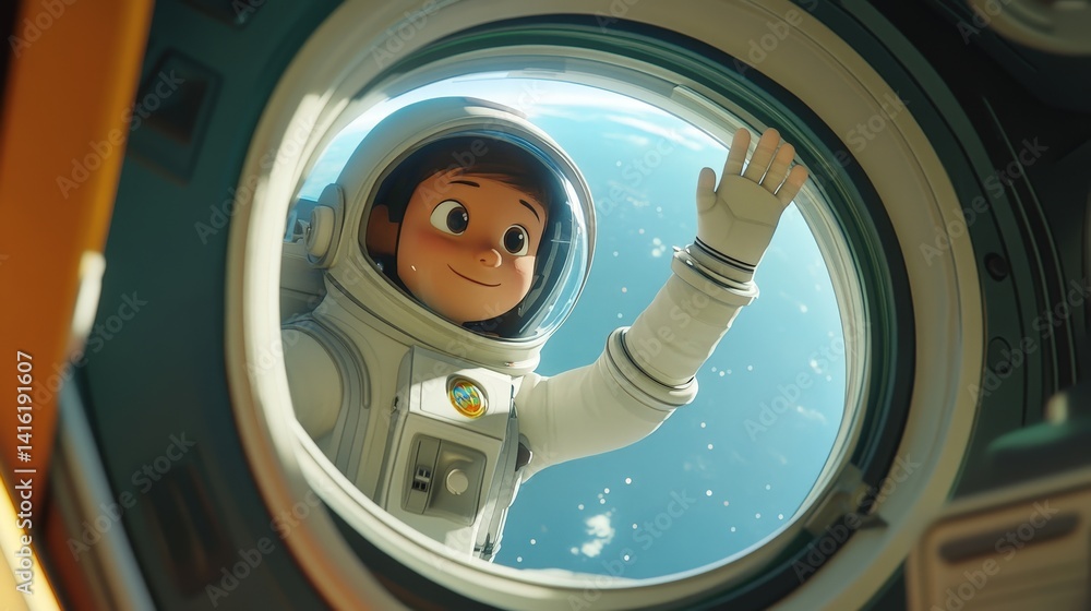 Astronaut's Cosmic Journey: A young astronaut, beaming with wonder, waves from the spacecraft's window, offering a glimpse of our planet in this awe-inspiring artwork. Astronaut's Cosmic Journey: A young astronaut, beaming with wonder, waves from the spacecraft's window, offering a glimpse of our planet in this awe-inspiring artwork.