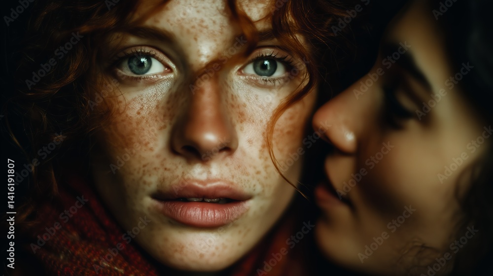 Close-up portrait of two women sharing an intimate moment in a dimly lit setting with natural beauty on display Close-up portrait of two women sharing an intimate moment in a dimly lit setting with natural beauty on display