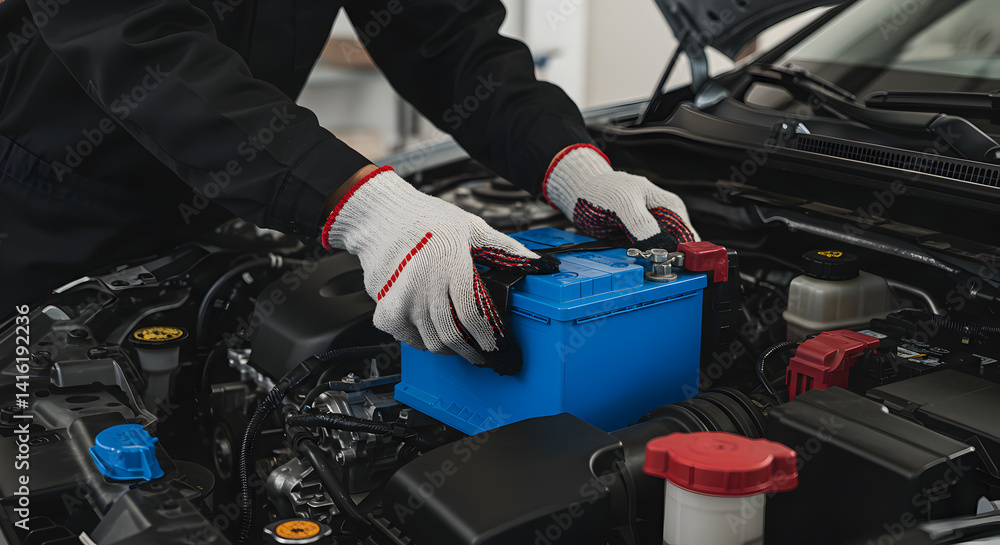 Fototapeta premium Mechanic Replacing Car Battery with Black Gloves in Well Lit Engine Bay
