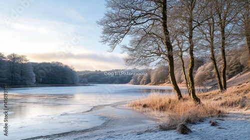 Serene frozen lake landscape with frosted trees and a touch of sunlight