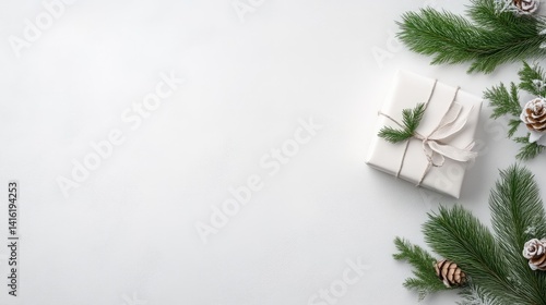 Festive Christmas gift on white background.  Simple, elegant, and minimalist aesthetic with a white gift box tied with a natural-colored twine, decorated with sprigs of evergreen and pinecones. 