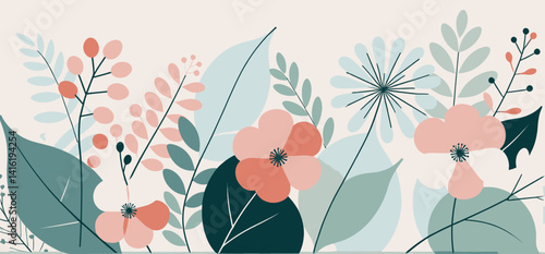 Botanical_Illustration_with_Pastel_Flowers_and_Leaves_Modern_Floral_Art_Print_for_Home_Decor_Stylish_Wall_Art_Featuring_Elegant_Flower_Arrangement
