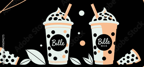 Bille Milk Cartoon Image Featuring Two Cups of Boba Tea With Straws_Creative Boba Tea Drink With Black and Brown Pearls_Enjoy Bille Milk Tea With Delicious Boba