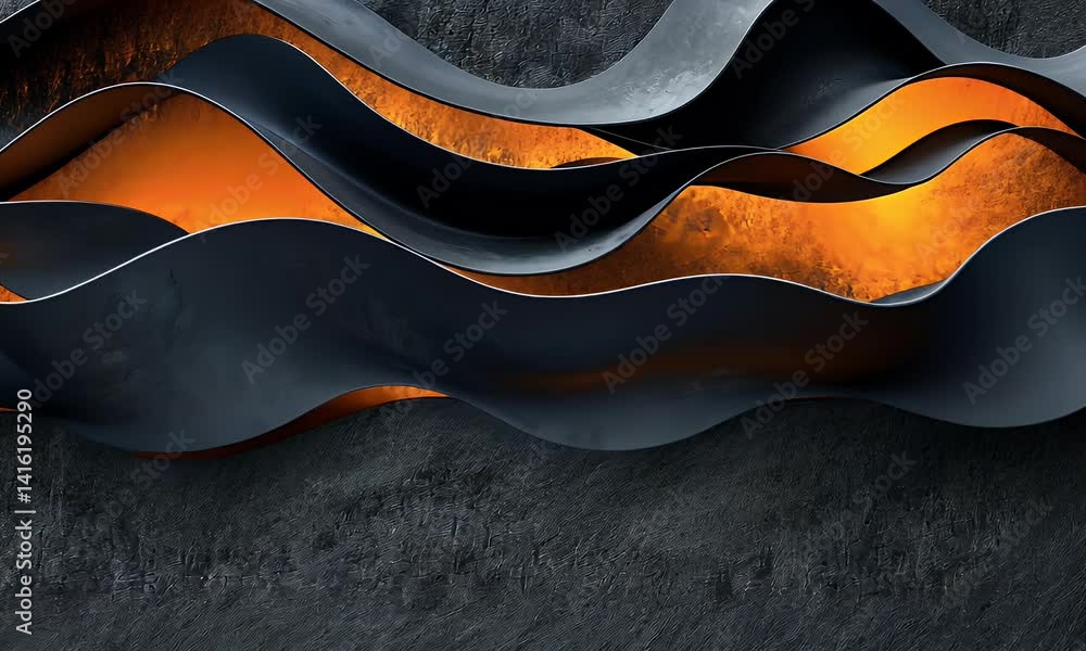3D render, abstract background with wavy metallic shapes on a dark grey and orange gradient, close-up 3D render, abstract background with wavy metallic shapes on a dark grey and orange gradient, close-up