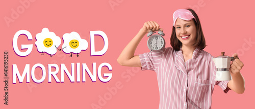 Happy woman in pajamas, wit...