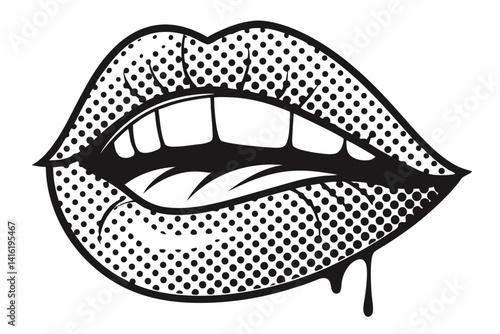 Vampire Lips with Sharp Fangs and Dripping Blood Halftone
