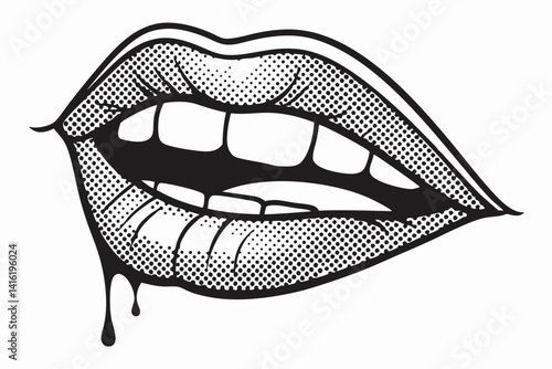 Vampire Lips with Sharp Fangs and Dripping Blood Halftone