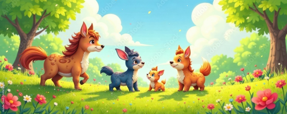 Obraz premium Colorful sketch animal friends playing together in a sunny meadow, playful, outdoor