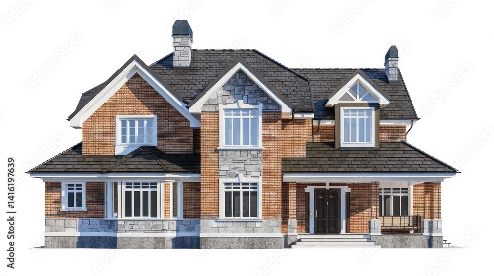 image of a two story house with modern architecture style and roof with gables. House is made of brick with stone portions. 2d image front elevation with a white back ground image of a two story house with modern architecture style and roof with gables. House is made of brick with stone portions. 2d image front elevation with a white back ground