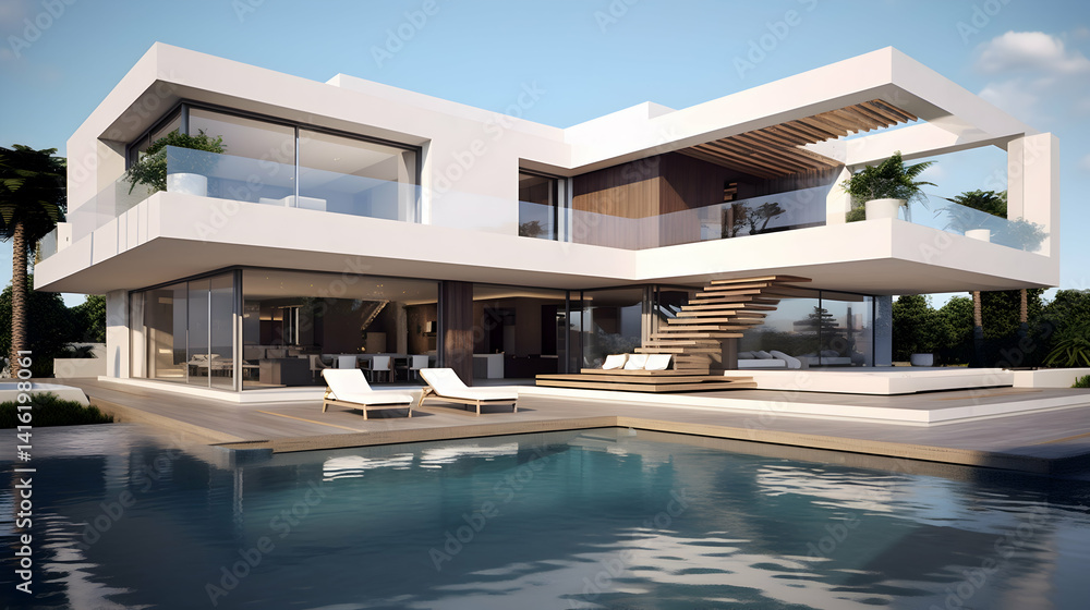 Fototapeta premium A stunning modern villa nestled amongst lush greenery, boasting a sleek design, expansive glass windows, and a luxurious infinity pool under a bright sunny sky.