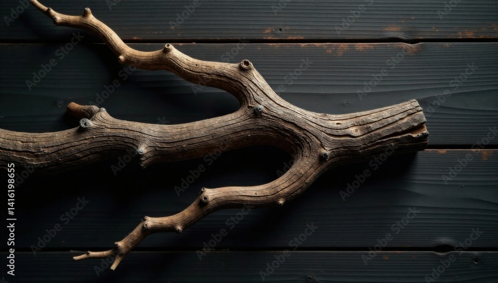 Fototapeta premium Close-up of a twisted, gnarled tree branch on dark wooden background, forest elements, gnarled, tree trunks