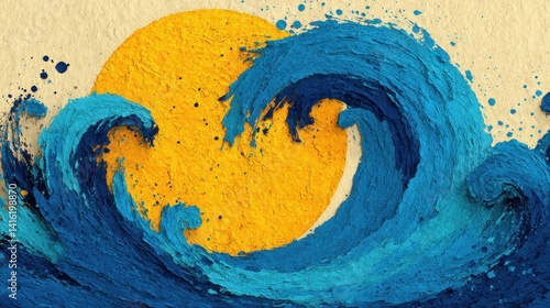 a blue wave with a yellow circle in the middle,stock photo