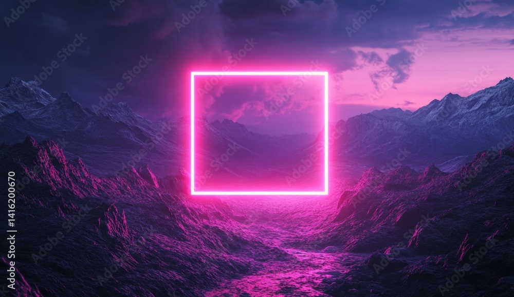 Pink neon square frame in a vibrant purple mountain landscape. Pink neon square frame in a vibrant purple mountain landscape.