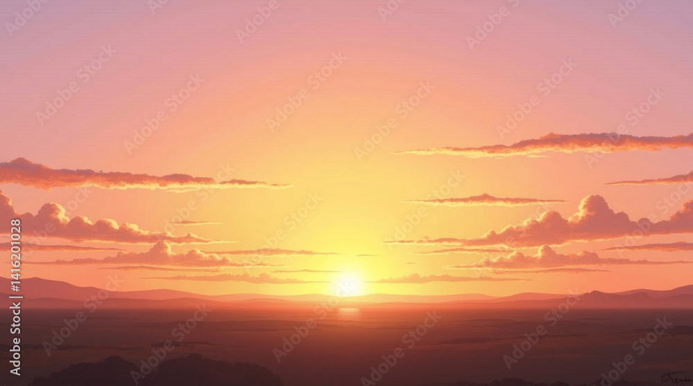 Obraz premium Serene sunset over a tranquil landscape, painted in warm, golden hues.