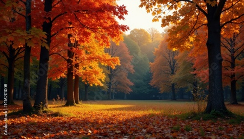 Dense autumn foliage with deciduous trees in a forest clearing, forest, dense foliage