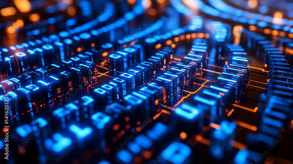 Obraz premium Futuristic Digital Cityscape Neon Glow Binary Code Abstract Technology