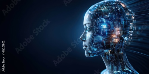 Futuristic digital woman with a technological brain design against a dark background.
