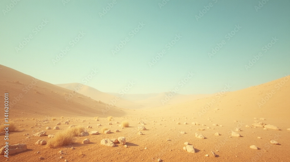 Serene desert landscape under a vast, pale sky, evoking a sense of quiet solitude and timeless beauty with soft, warm light. Serene desert landscape under a vast, pale sky, evoking a sense of quiet solitude and timeless beauty with soft, warm light.
