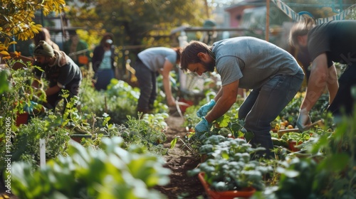 A community garden or urban farm bustling with activity, with individuals tending to plants and harvesting produce, their faces turned away or obscured to maintain focus on sustainability practices.