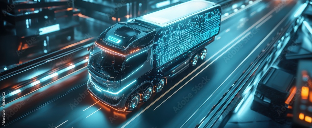 Fototapeta premium Futuristic Electric Truck in Urban Digital Environment with Neon Lights and High-Tech Design Elements