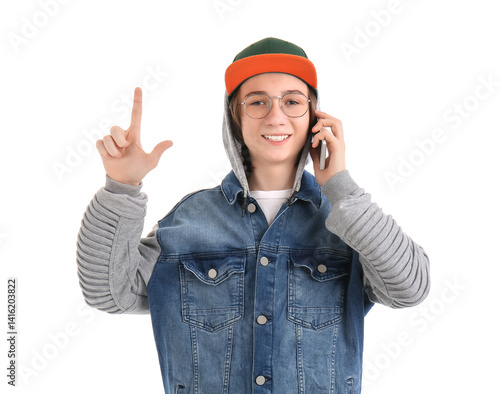 Cool teenage boy talking by...