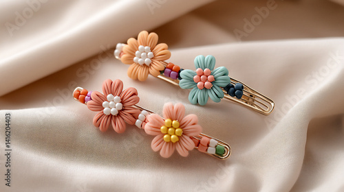 beaded hair clips with floral motifs,