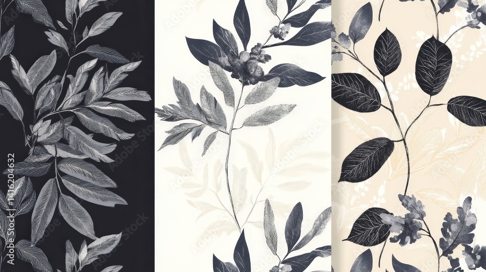 Fototapeta premium Floral Elegance: Artistic floral arrangements adorn three panels, showcasing intricate leaf patterns with an elegant monochrome palette, evoking a sense of tranquility and artistic beauty.