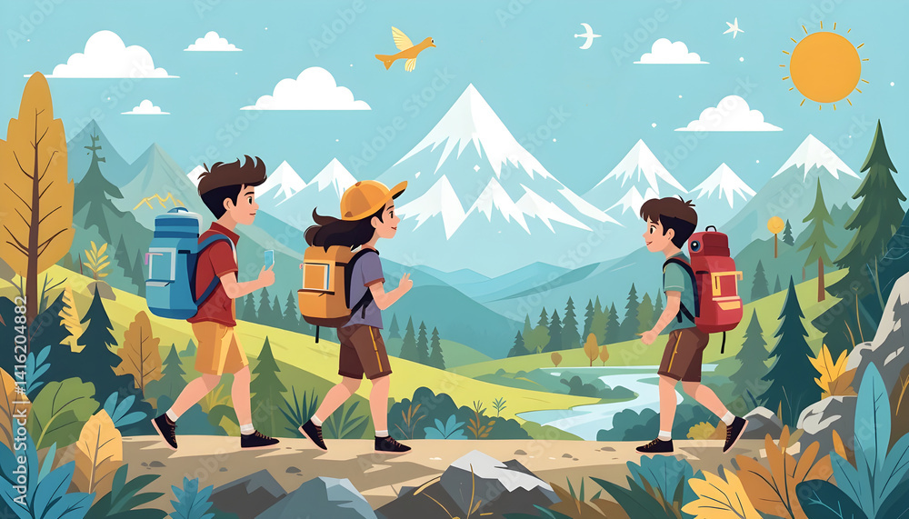 Fototapeta premium flat illustration young travelers with backpacks exploring nature, mountains, maps, and travel icons, colorful and playful flat art style for vacation and tourism themes