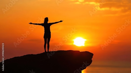 A person stands silhouetted with arms outstretched at sunset