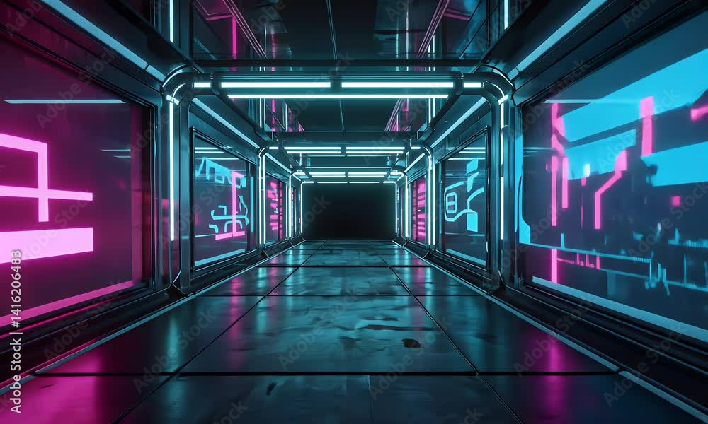 Video of dark digital tunnel illuminated with holographic textures and glitchy signs projecting futuristic cyberpunk visuals Video of dark digital tunnel illuminated with holographic textures and glitchy signs projecting futuristic cyberpunk visuals