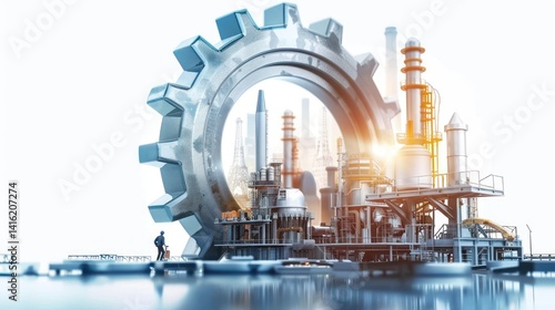 A realistic 3D effect visual with industries and factories standing in front of a large gear wheel on a white background