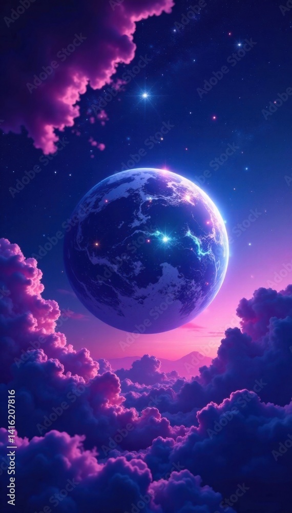 Fototapeta premium Ethereal planet with swirling purple clouds and starry night sky, planetary system, galaxy