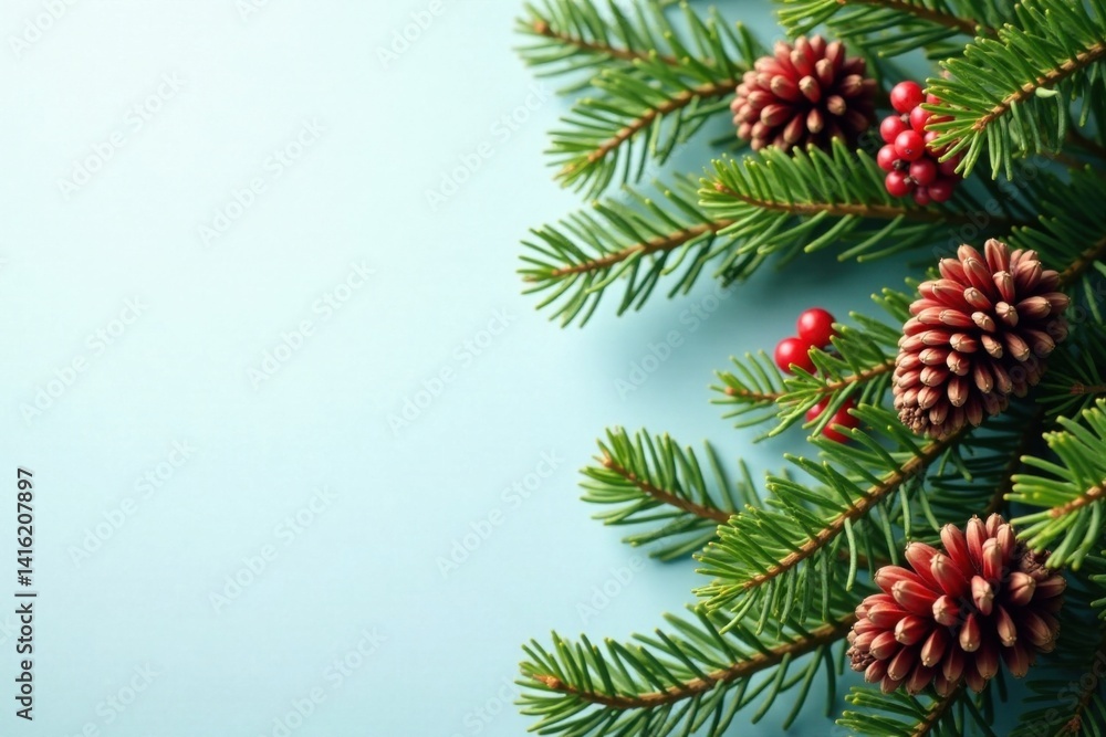 Evergreen branches with pinecones and berries, foliage, cones Evergreen branches with pinecones and berries, foliage, cones