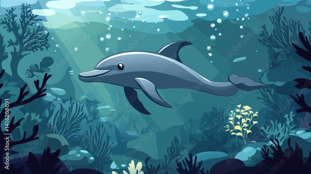 Obraz premium Dolphin's Underwater Dance: A playful dolphin gracefully glides through the clear ocean water amidst vibrant coral reefs, creating a symphony of serenity and underwater life.