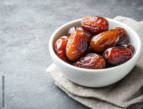 Ripe dates in a white bowl on a grey background, close-up view. Ramadan food concept with copy space. Stock photo with 2/3 of the frame available for text.