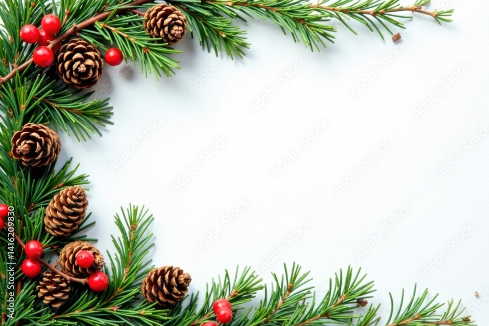 Fir branches with pine cones, berries, and sprigs of rosemary in a festive holiday border, snow-covered ground, cozy atmosphere Fir branches with pine cones, berries, and sprigs of rosemary in a festive holiday border, snow-covered ground, cozy atmosphere