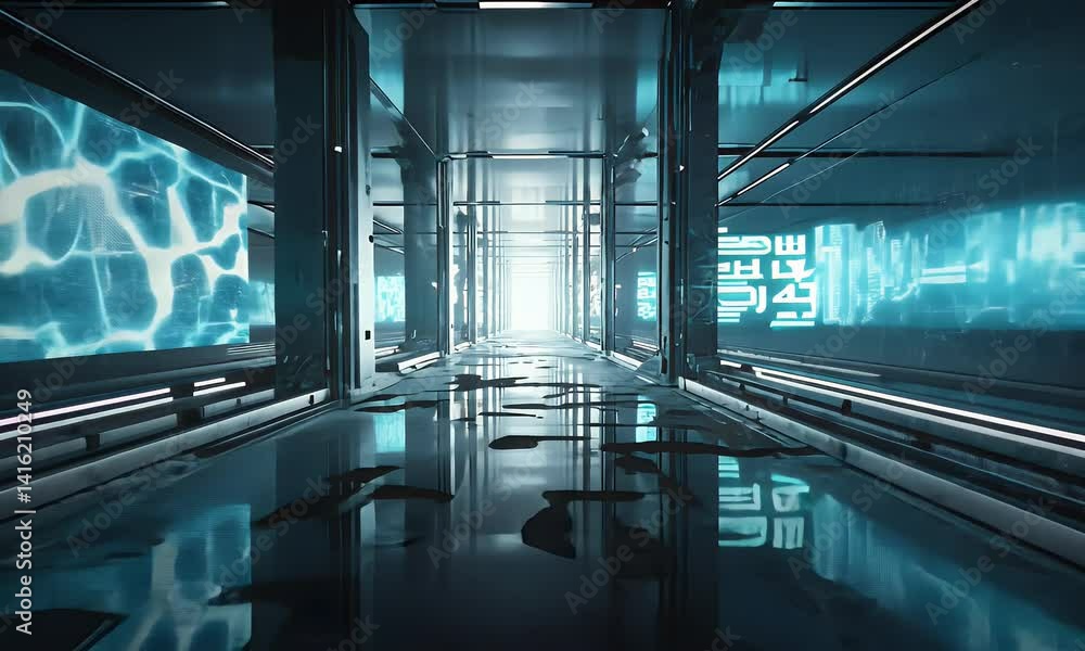Video depicting futuristic corridor with glitchy holograms, fading textures, and neon reflections bouncing across tunnel walls Video depicting futuristic corridor with glitchy holograms, fading textures, and neon reflections bouncing across tunnel walls