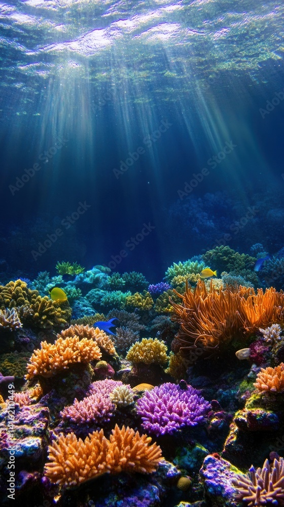 Naklejka premium Underwater paradise teeming with vibrant coral reefs and sunlit ocean