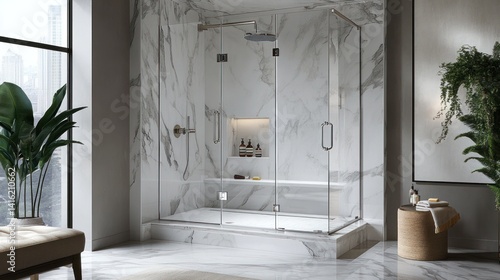 Modern bathroom featuring a large glass shower enclosure with marble accents