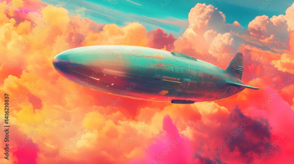Spectacular airship soars through vibrant clouds in a retro-futuristic vision Spectacular airship soars through vibrant clouds in a retro-futuristic vision