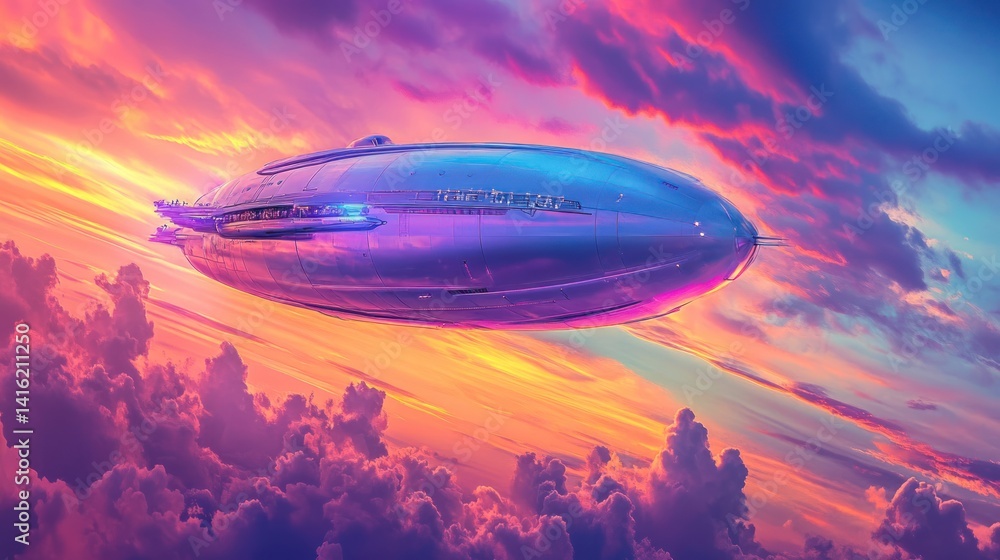 Fototapeta premium Futuristic aerial vessel drifting among cumulus clouds at radiant sundown