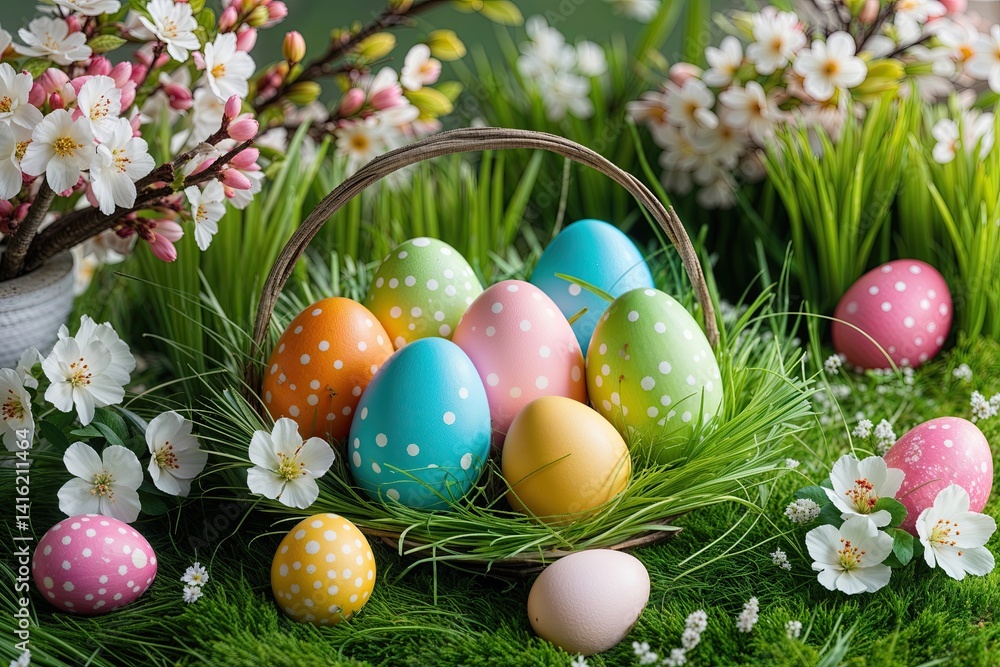 Fototapeta premium Radiant Easter Vision: Bright and Cheerful Eggs Amidst Green Grass and Blossoming Spring Arrangements