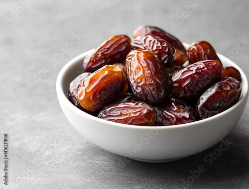 Ripe dates in a white bowl on a grey background, close-up view. Ramadan food concept with copy space. Stock photo with 2/3 of the frame available for text.