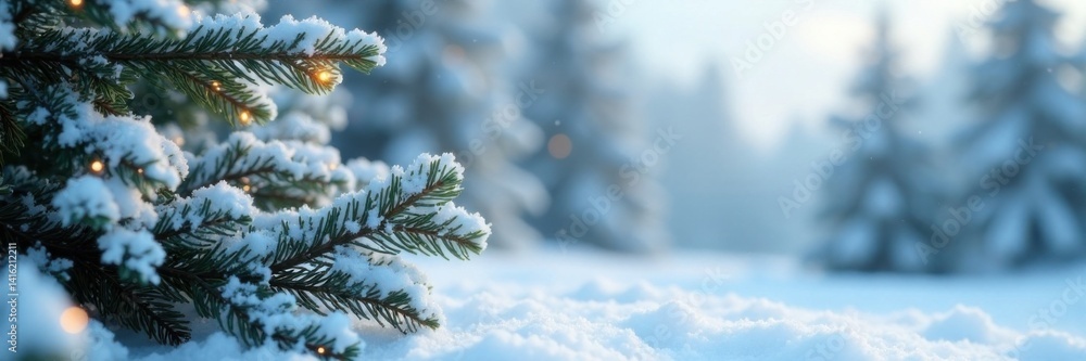 Frosted Christmas tree branches against a snowy backdrop , pine, evergreen Frosted Christmas tree branches against a snowy backdrop , pine, evergreen