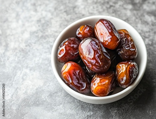 Ripe dates in a white bowl on a grey background, close-up view. Ramadan food concept with copy space. Stock photo with 2/3 of the frame available for text.